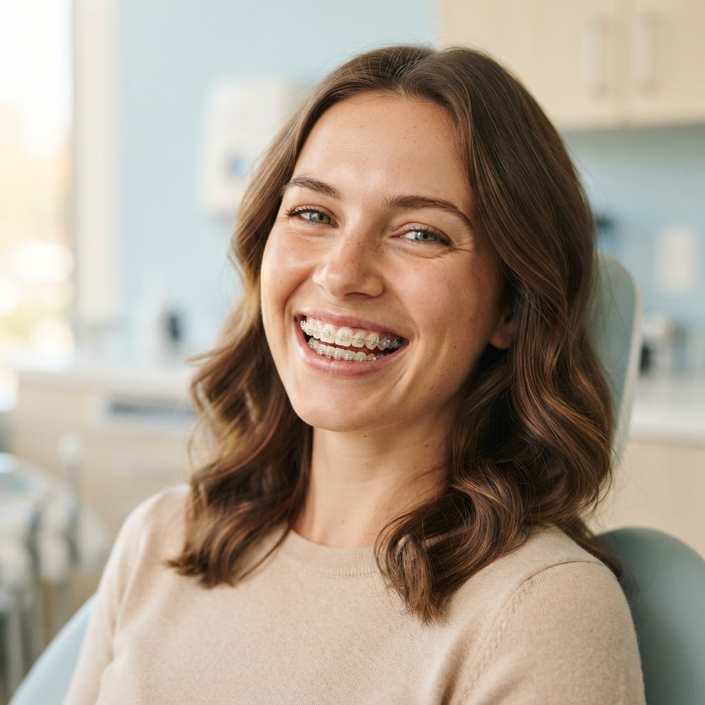 Smiling adult wearing discreet braces